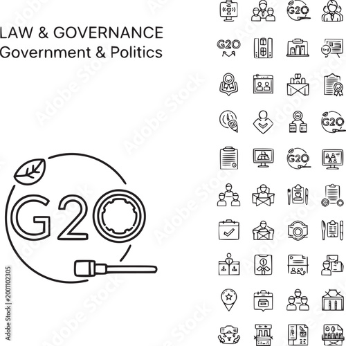 G20 summit governance and global politics concept with icons and world cooperation theme flat design