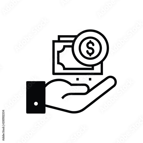 Line icon of a hand holding money, financial transaction concept, minimal thin stroke, clean vector outline