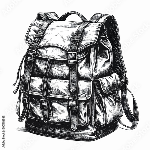 Detailed Black and White Illustration of a Vintage Leather Backpack with Multiple Pockets and Straps, Evoking a Sense of Adventure and Travel