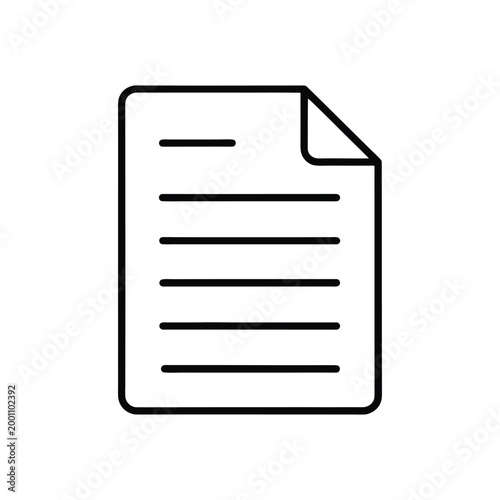 Minimal line art of a document file with text lines, clean thin black outline, business and paperwork concept, isolated on white background.