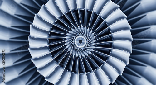 Symmetrical Blue Metal Jet Engine Turbine Fan CloseUp HighTech Aerospace Engineering and Industrial Propulsion Technology Abstract for Aviation Background