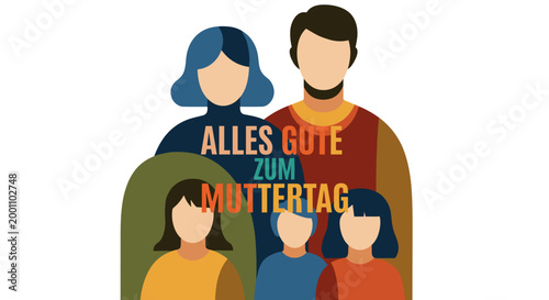 Happy mother's day greeting with stylized family illustration and german text