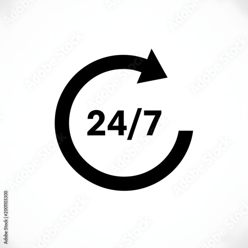 Black 247 icon with circular arrow isolated on white background