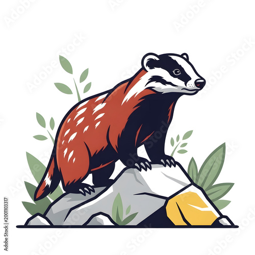 A cartoon badger standing on a rock isolated on white background