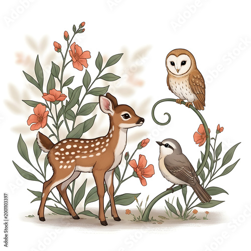 A fawn, owl, and bird amidst orange flowers isolated on white background