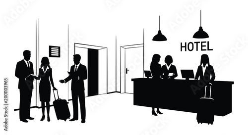 Hotel lobby silhouette guests checking in and staff assisting at reception desk