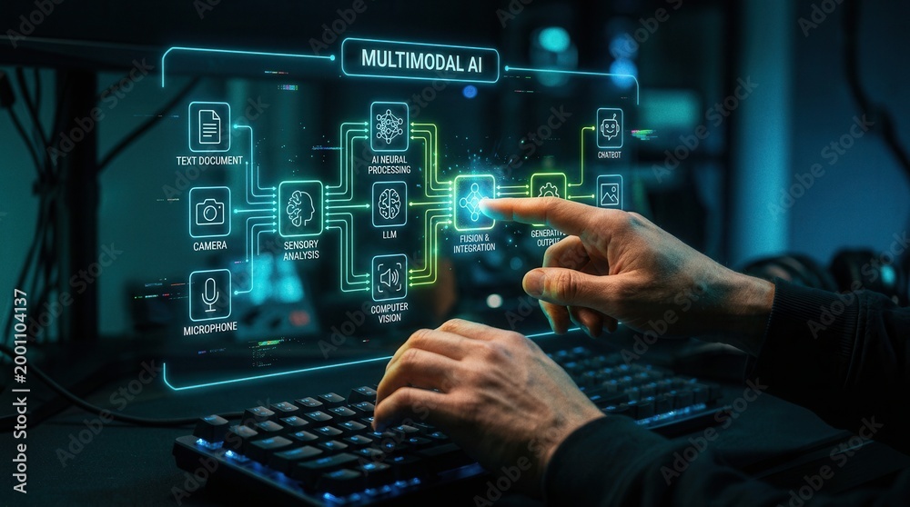 Fototapeta premium Multimodal AI Fusion: Text, Camera, Microphone, LLM & Chatbot Integration