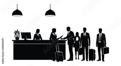 Hotel lobby silhouette guests checking in with receptionist and luggage