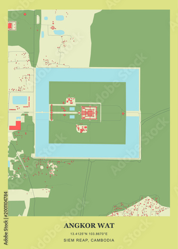 Detailed architectural site map and layout of Angkor Wat in Siem Reap, Cambodia.