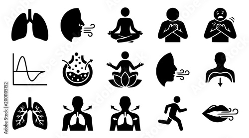 Lungs, breathing, and related human health vector graphic set