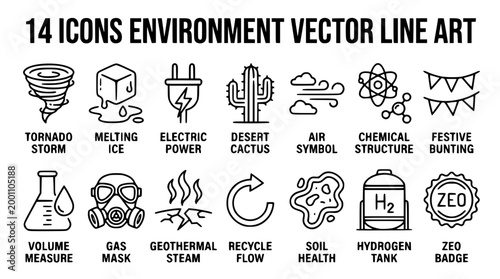 Collection of 14 environmental vector line art icons for diverse concepts