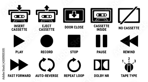 A collection of retro cassette player control vector graphic icons