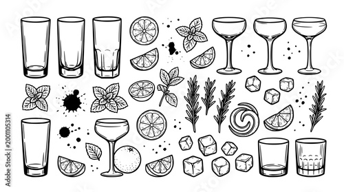 Vector illustration set of assorted cocktail glasses and bar ingredients