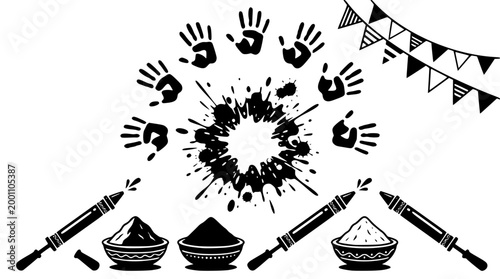 Festive holi celebration vector graphic with hand prints and powder