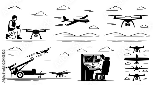 Vector illustration set of various unmanned military drone aircraft systems