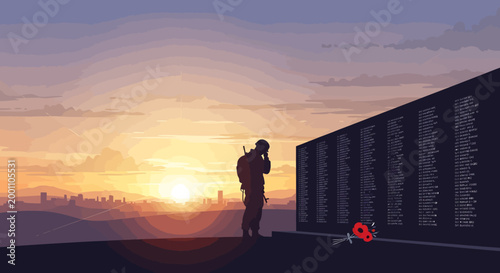 Soldier Honoring Fallen at Sunset Memorial View