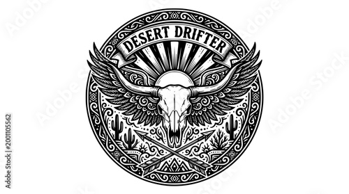 Winged bull skull vector emblem featuring rustic desert wild motifs