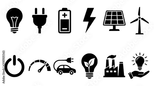 Black energy and power icons vector graphic set collection