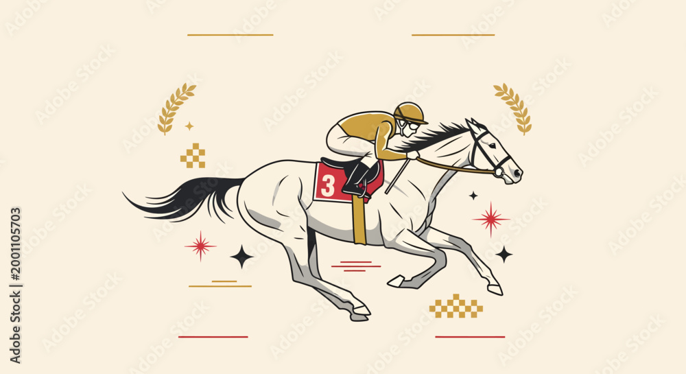 Fototapeta premium Vintage style illustration of a jockey riding a horse in a fast paced race competition
