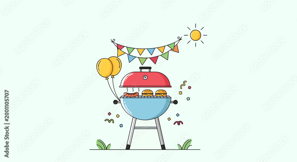 Fototapeta premium Outdoor barbecue grill with burgers and hotdogs under festive flags for a Memorial Day cookout