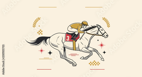 Vintage style illustration of a jockey riding a horse in a fast paced race competition