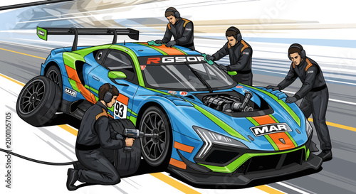 Professional pit crew changing tires and servicing a high speed race car during a competition