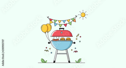Outdoor barbecue grill with burgers and hotdogs under festive flags for a Memorial Day cookout