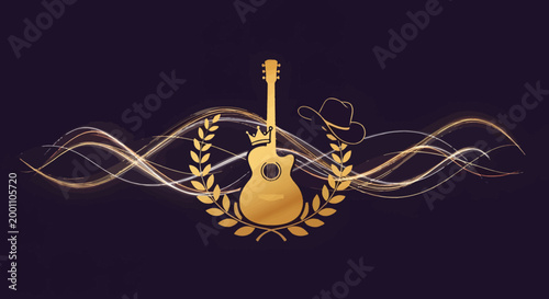 Fotografie Golden acoustic guitar with a cowboy hat and crown symbolizing a country music a