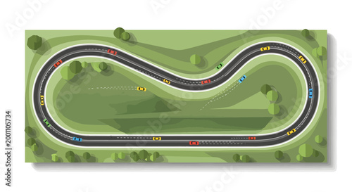 Obraz na plátně Top down view of a winding car race track with colorful race cars in a green lan