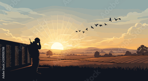 Silhouette of a soldier mourning at a memorial wall during a sunrise with flying birds for Memorial Day