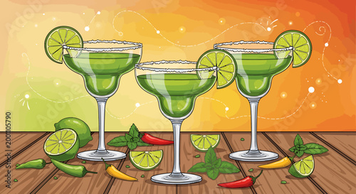 Festive margarita cocktails with lime and chili peppers for Cinco de Mayo celebration