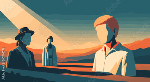 Retro style illustration of people enjoying a scenic desert sunset during a summer weekend getaway