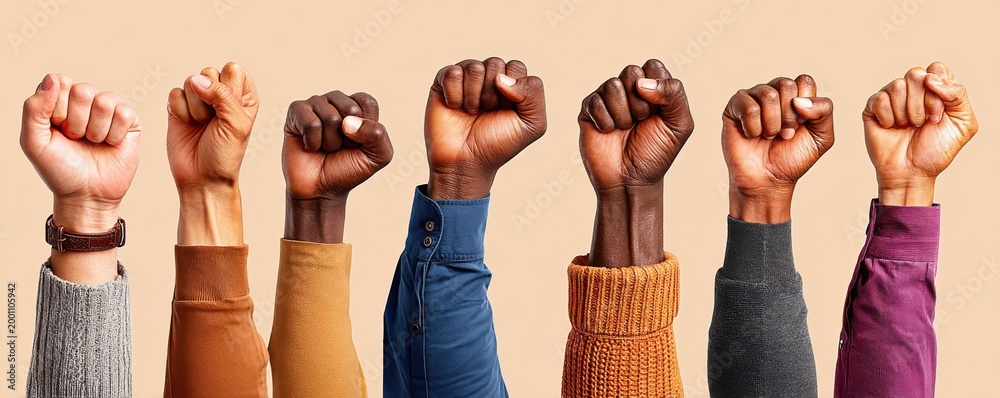 Fototapeta premium Diverse group of raised fists showing solidarity, unity and empowerment in protest