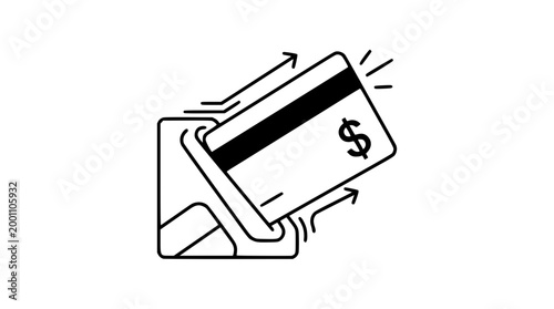 Flat line vector illustration of inserting credit card into reader