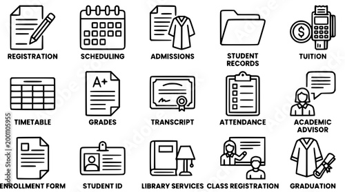 Set of black and white academic school administration vector icons