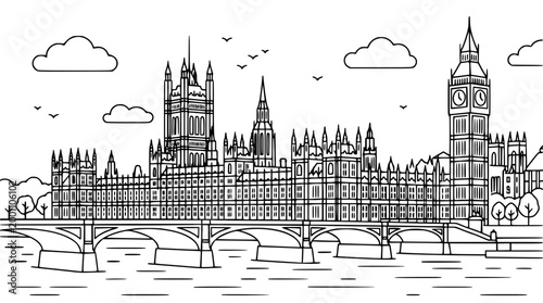 Black and white vector illustration of the London skyline