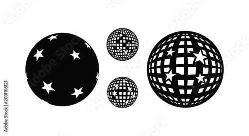 Black disco balls of varying sizes create a striking image silhouette