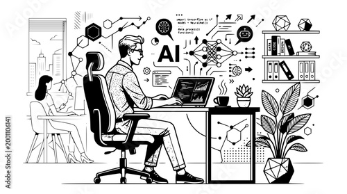 Software engineer working on artificial intelligence projects using a laptop