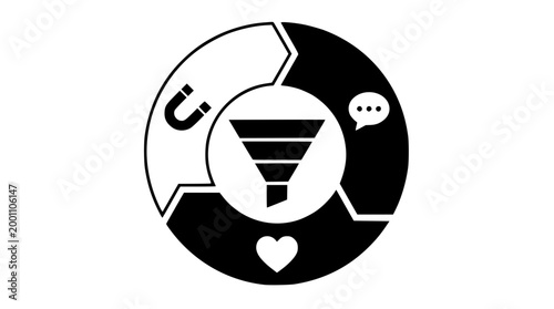 Circular marketing funnel diagram with icons for business growth strategy