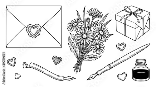 Hand drawn collection of romantic love and writing elements