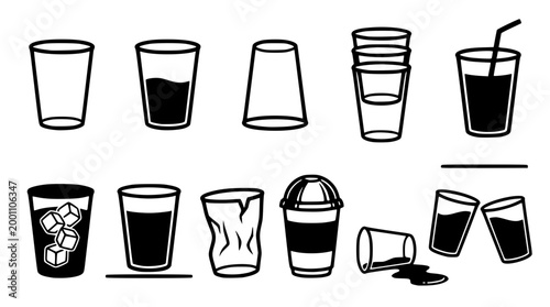 Set of black and white drinking glass vector icons