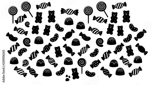 Black and white vector illustration of various sweet candies