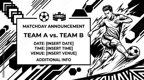 Soccer match day announcement flyer with a dynamic athlete illustration