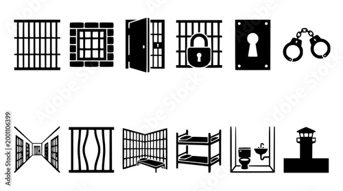 Black and white vector set of prison themed icons