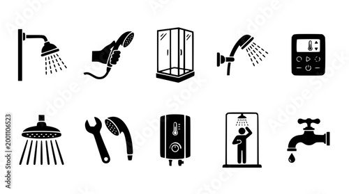 Set of black bathroom shower and plumbing vector icons