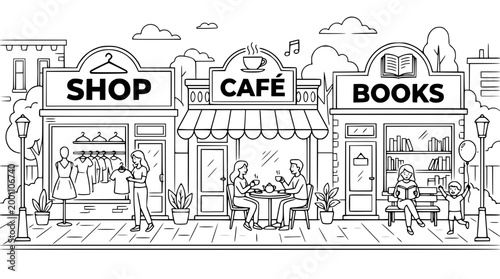 Line art illustration of a busy city street scene