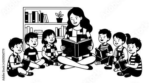 Teacher reading a storybook to a group of happy children