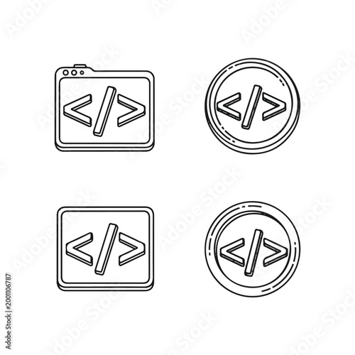 Code symbols and programming icons.