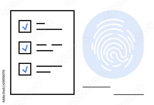 Data security, identity authentication, digital verification, cybersecurity, privacy protection, biometric systems. Checklist and fingerprint icons . Identity authentication and biometric