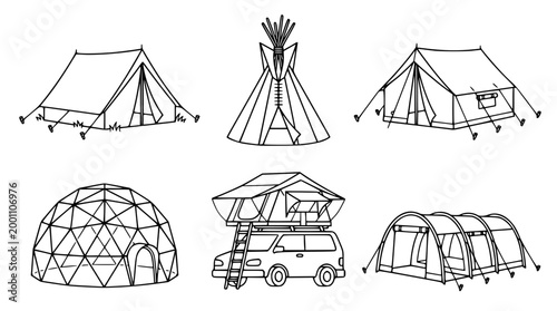 Collection of various camping tent icons as linear vector illustrations